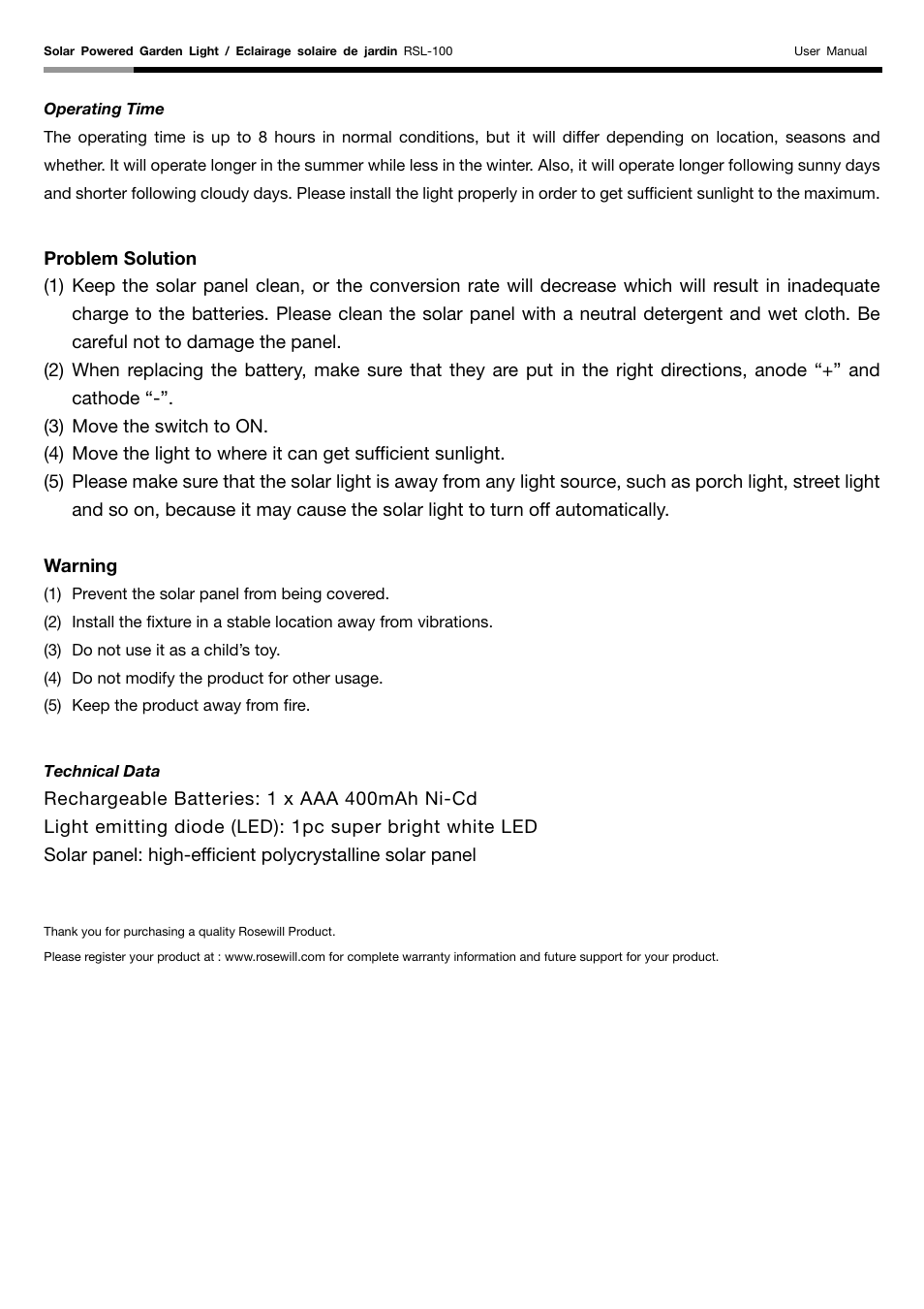 Rosewill SOLAR POWERED GARDEN LIGHT RSL-100 User Manual | Page 3 / 3