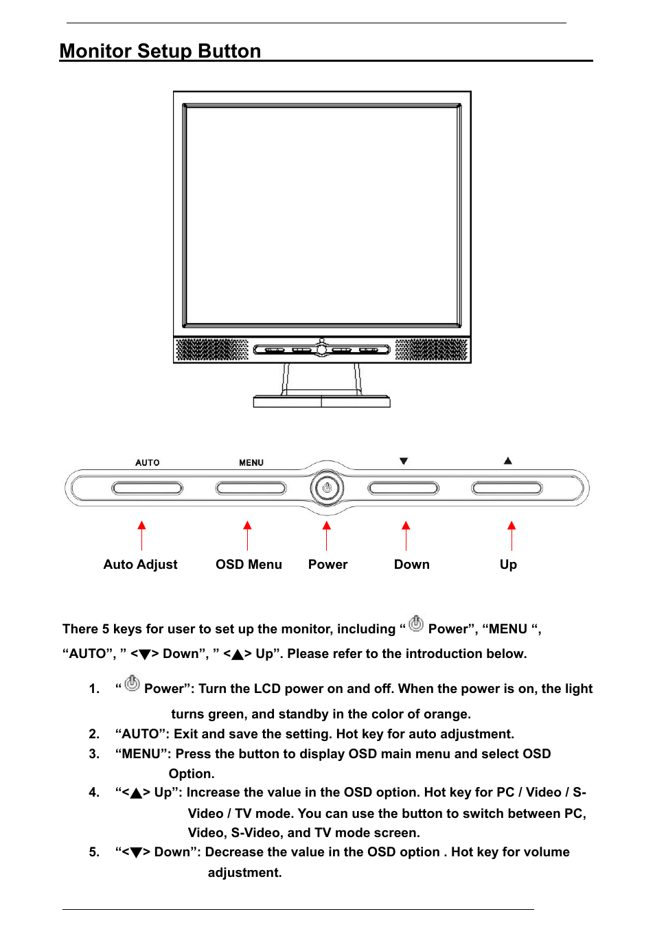 Monitor setup button, Menu control button | Rosewill PAA050F User Manual | Page 15 / 24