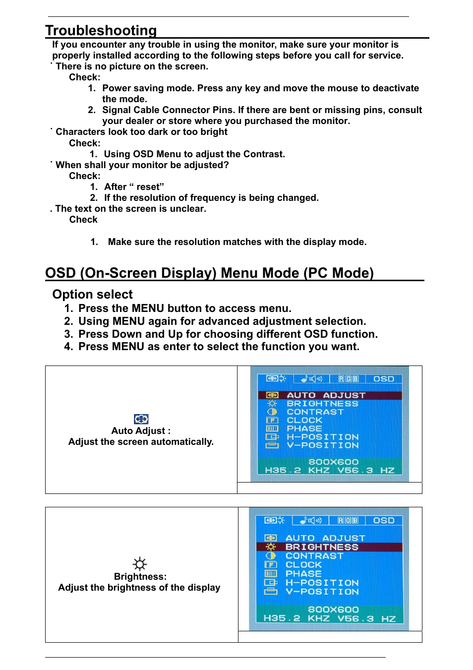 Troubleshooting, Osd (on-screen display) menu mode (pc mode), Option select | Rosewill PAA050F User Manual | Page 16 / 24