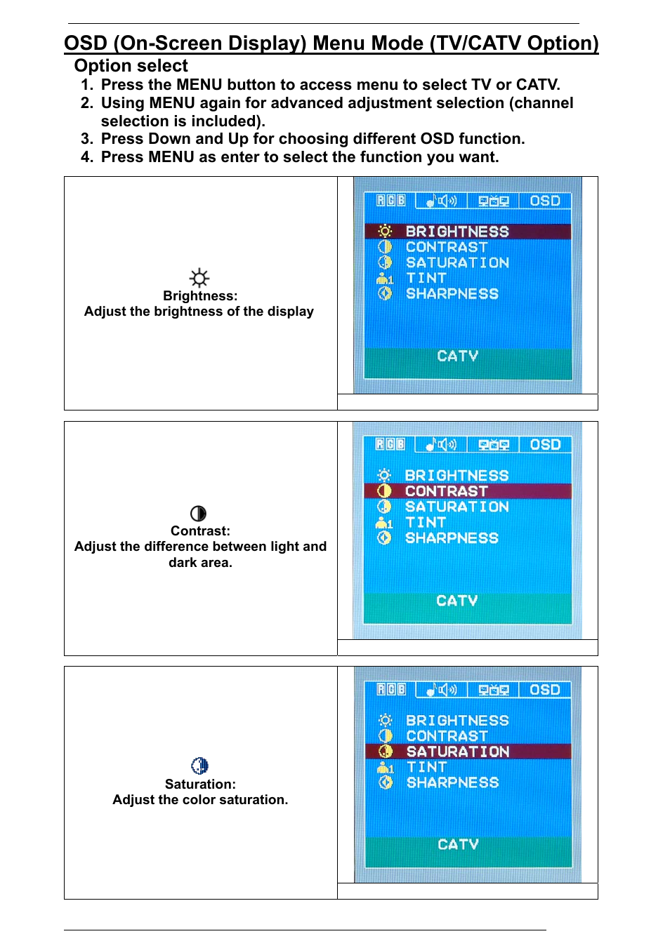 Osd (on-screen display) menu mode (tv/catv option), Option select | Rosewill PAA050F User Manual | Page 20 / 24
