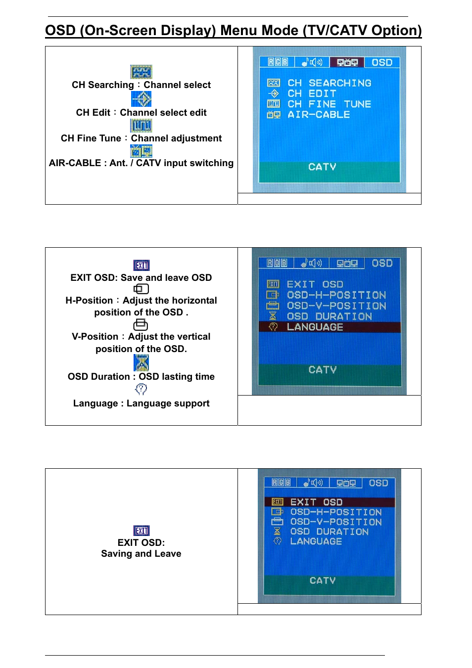 Osd (on-screen display) menu mode (tv/catv option) | Rosewill PAA050F User Manual | Page 22 / 24