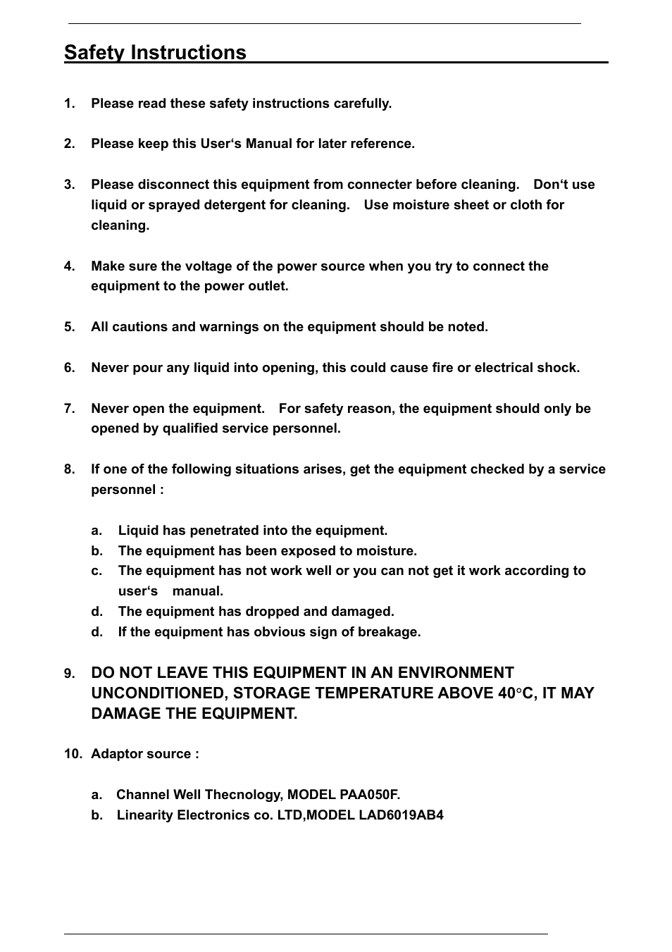 Safety instructions | Rosewill PAA050F User Manual | Page 3 / 24