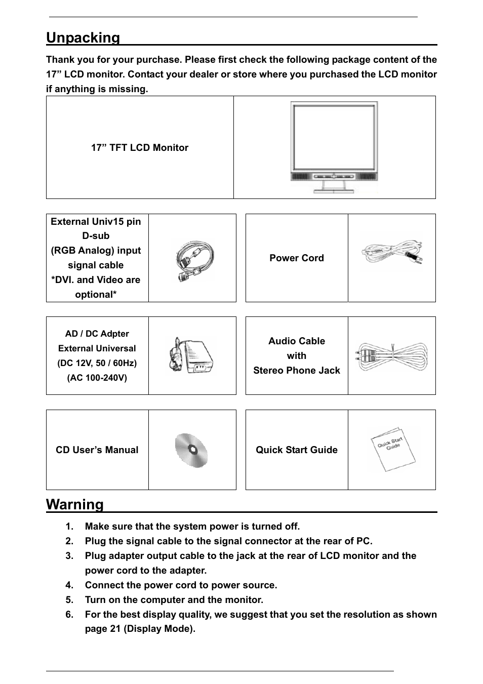 Unpacking, Warning | Rosewill PAA050F User Manual | Page 6 / 24
