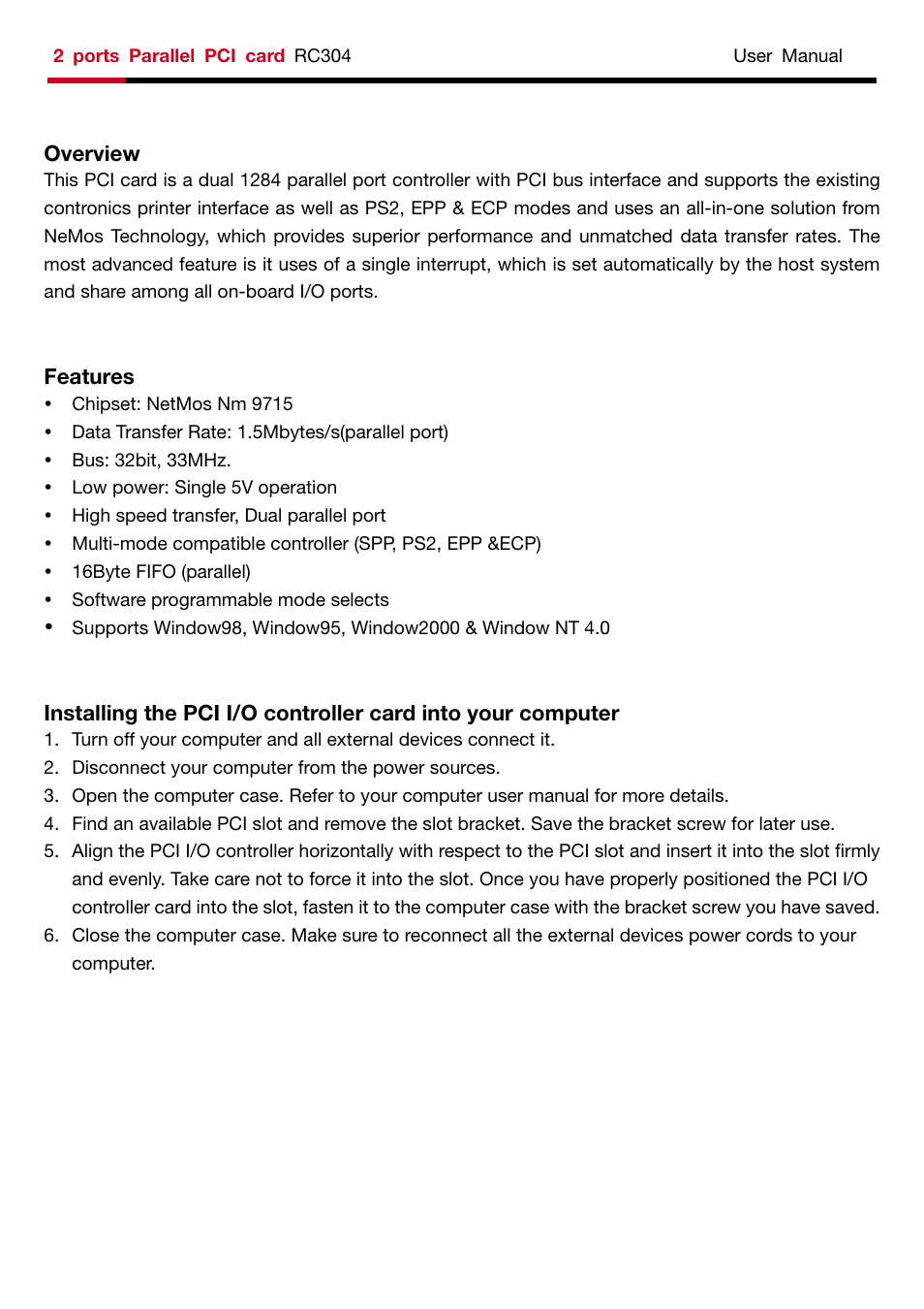 Features | Rosewill RC-304 User Manual | Page 2 / 5