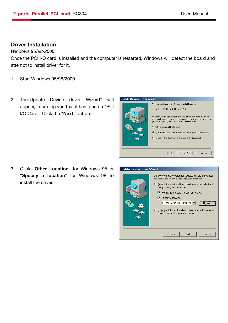 Driver installation, Windows 95/98/2000 | Rosewill RC-304 User Manual | Page 3 / 5