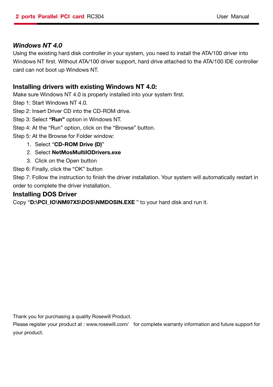 Windows nt 4.0, Installing drivers with existing windows nt 4.0, Installing dos driver | Rosewill RC-304 User Manual | Page 5 / 5
