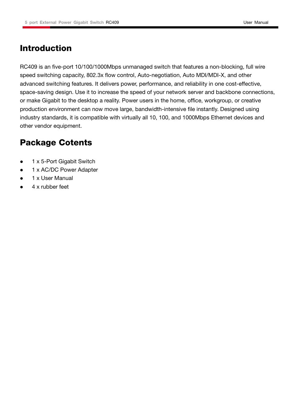 Introduction, Package cotents | Rosewill RC409 User Manual | Page 2 / 4