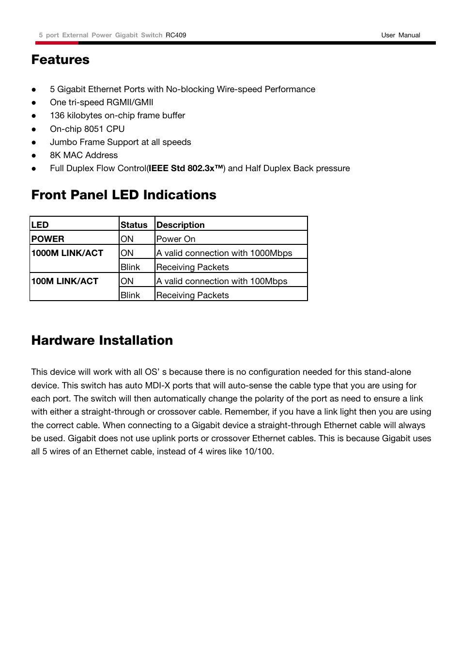 Features, Front panel led indications, Hardware installation | Rosewill RC409 User Manual | Page 3 / 4