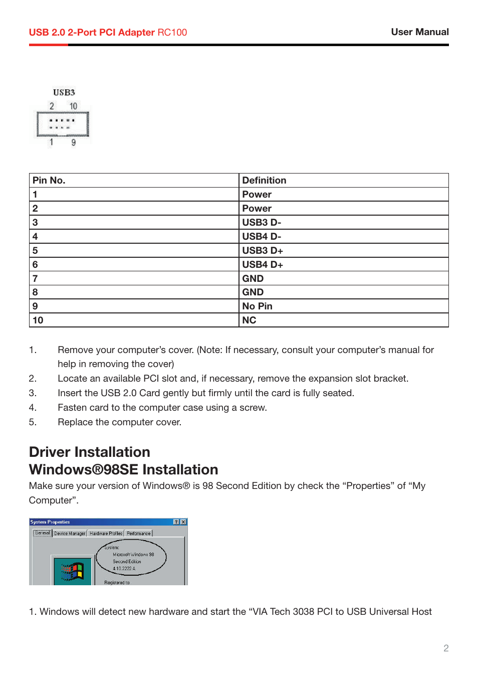 Driver installation windows®98se installation | Rosewill RC-100 User Manual | Page 3 / 8