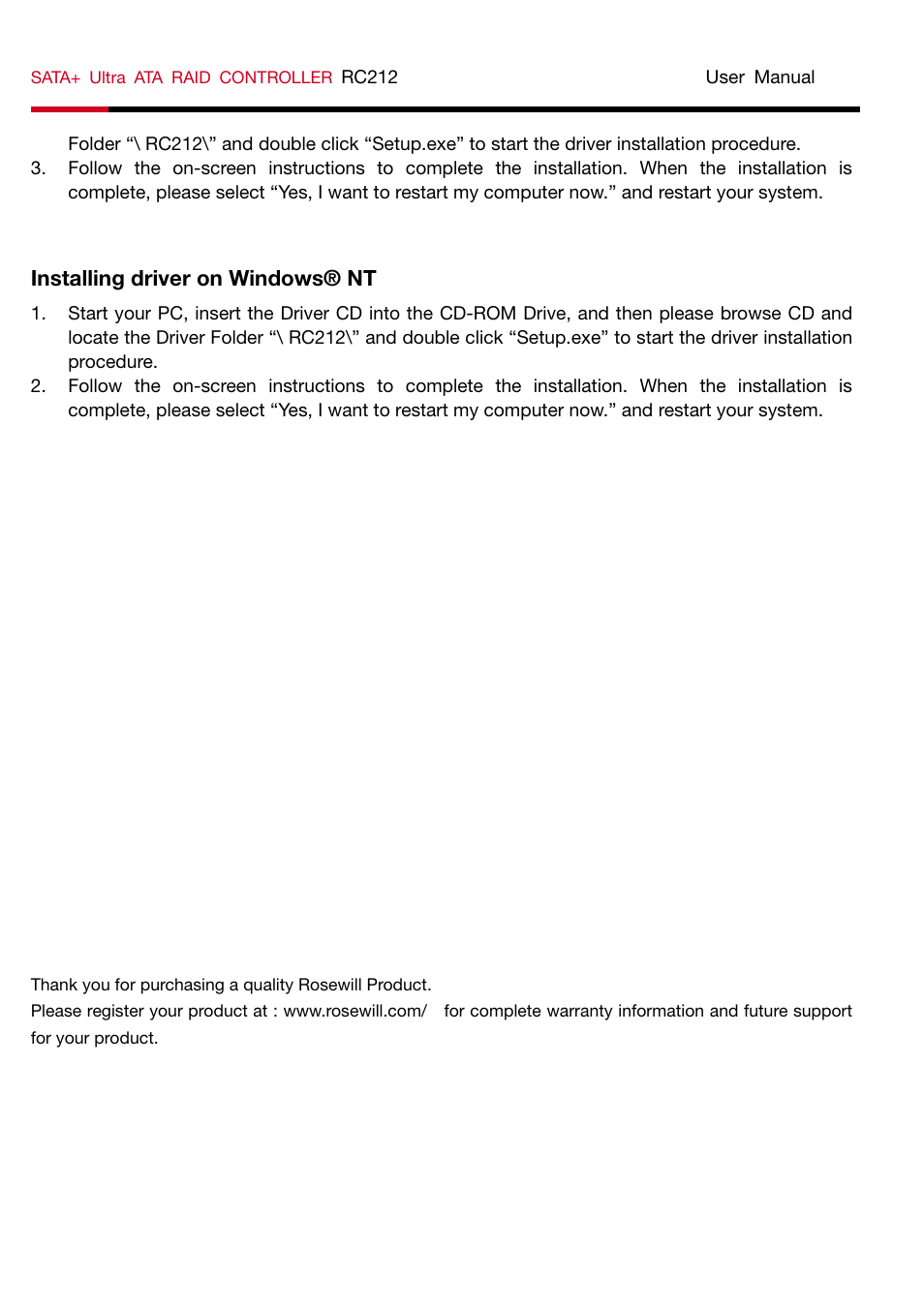 Installing driver on windows® nt | Rosewill SATA+Ultra ATA Raid Controller RC212 User Manual | Page 6 / 6