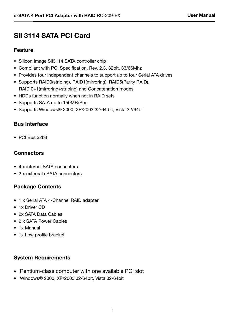 Sii 3114 sata pci card | Rosewill RC-209-EX User Manual | Page 3 / 24