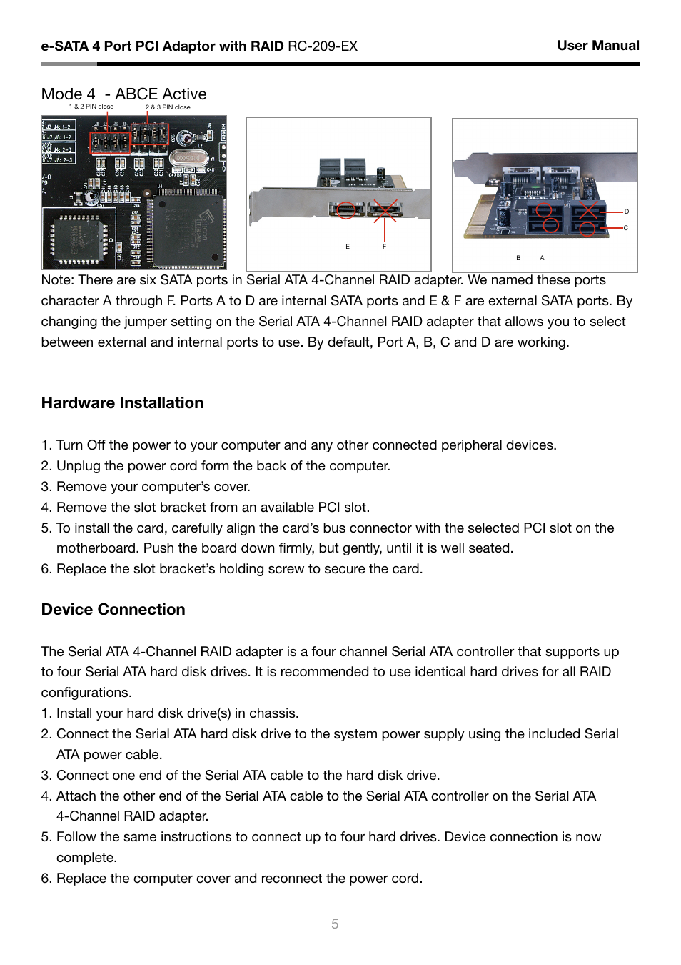 Mode 4 - abce active, Hardware installation, Device connection | Rosewill RC-209-EX User Manual | Page 7 / 24