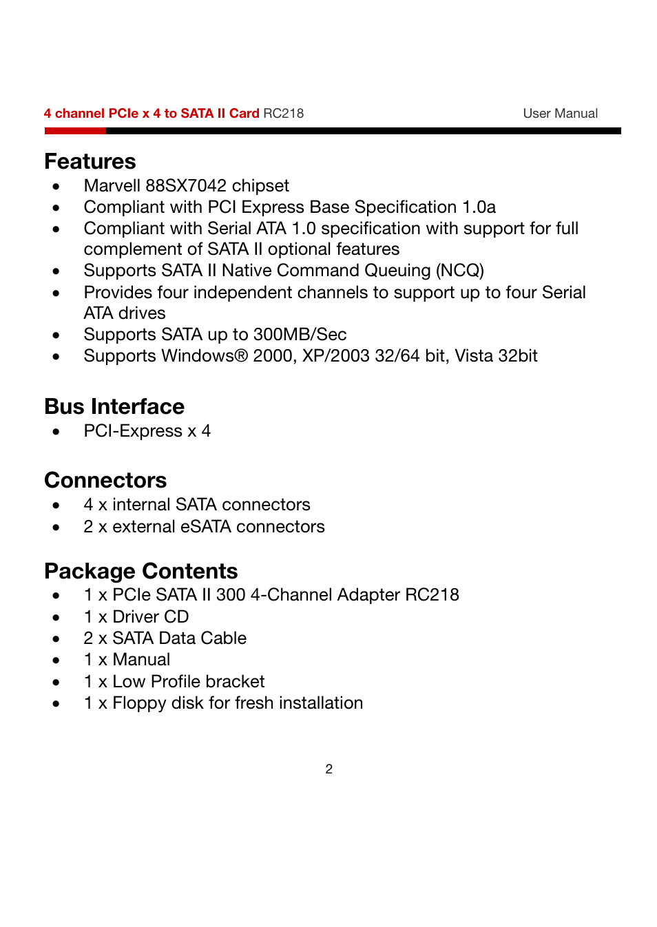 Features, Bus interface, Connectors | Package contents | Rosewill RC218 User Manual | Page 2 / 9