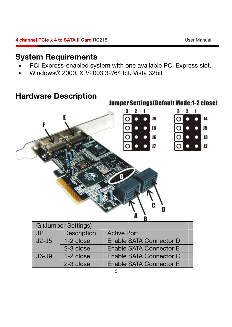 System requirements, Hardware description | Rosewill RC218 User Manual | Page 3 / 9