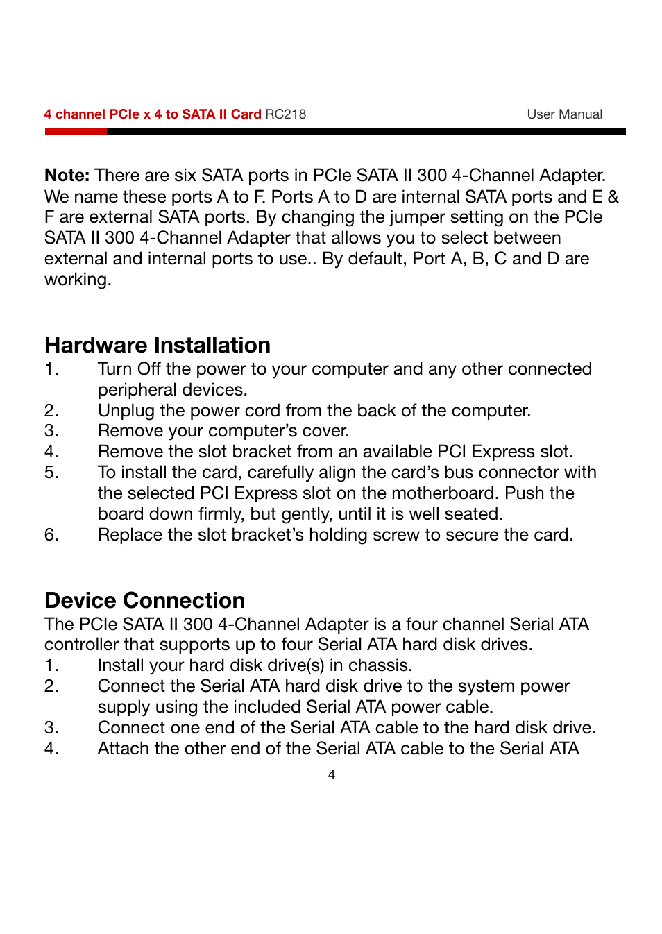 Hardware installation, Device connection | Rosewill RC218 User Manual | Page 4 / 9