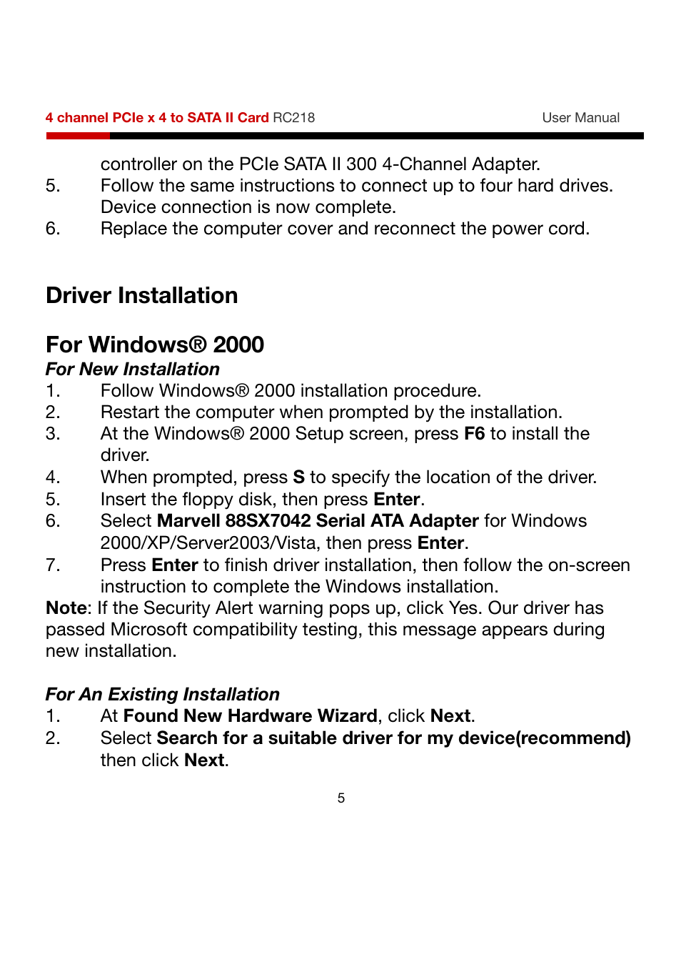 Driver installation, For windows® 2000 | Rosewill RC218 User Manual | Page 5 / 9