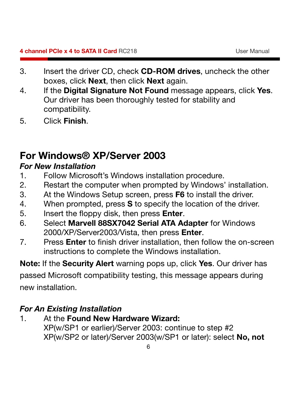 For windows® xp/server 2003 | Rosewill RC218 User Manual | Page 6 / 9