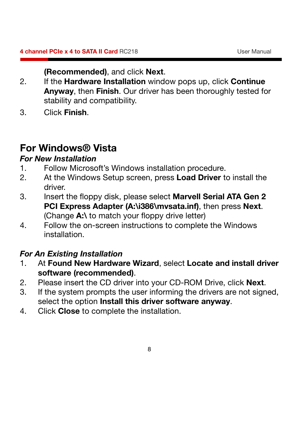 For windows® vista | Rosewill RC218 User Manual | Page 8 / 9
