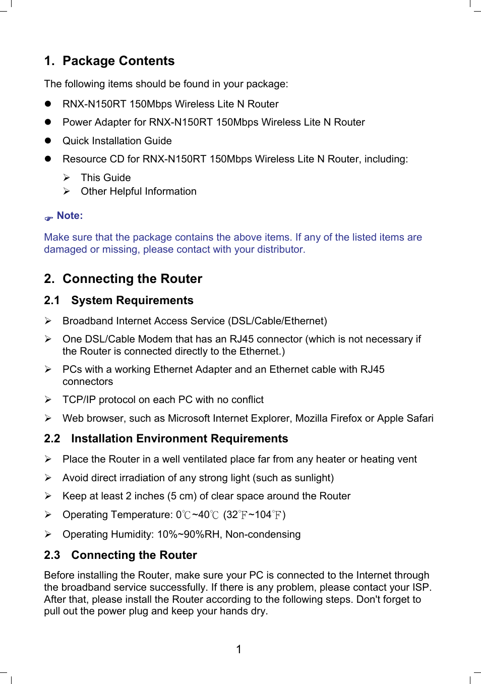 Package contents, Connecting the router, 1 system requirements | 2 installation environment requirements, 3 connecting the router | Rosewill RNX-N150RT User Manual | Page 2 / 8