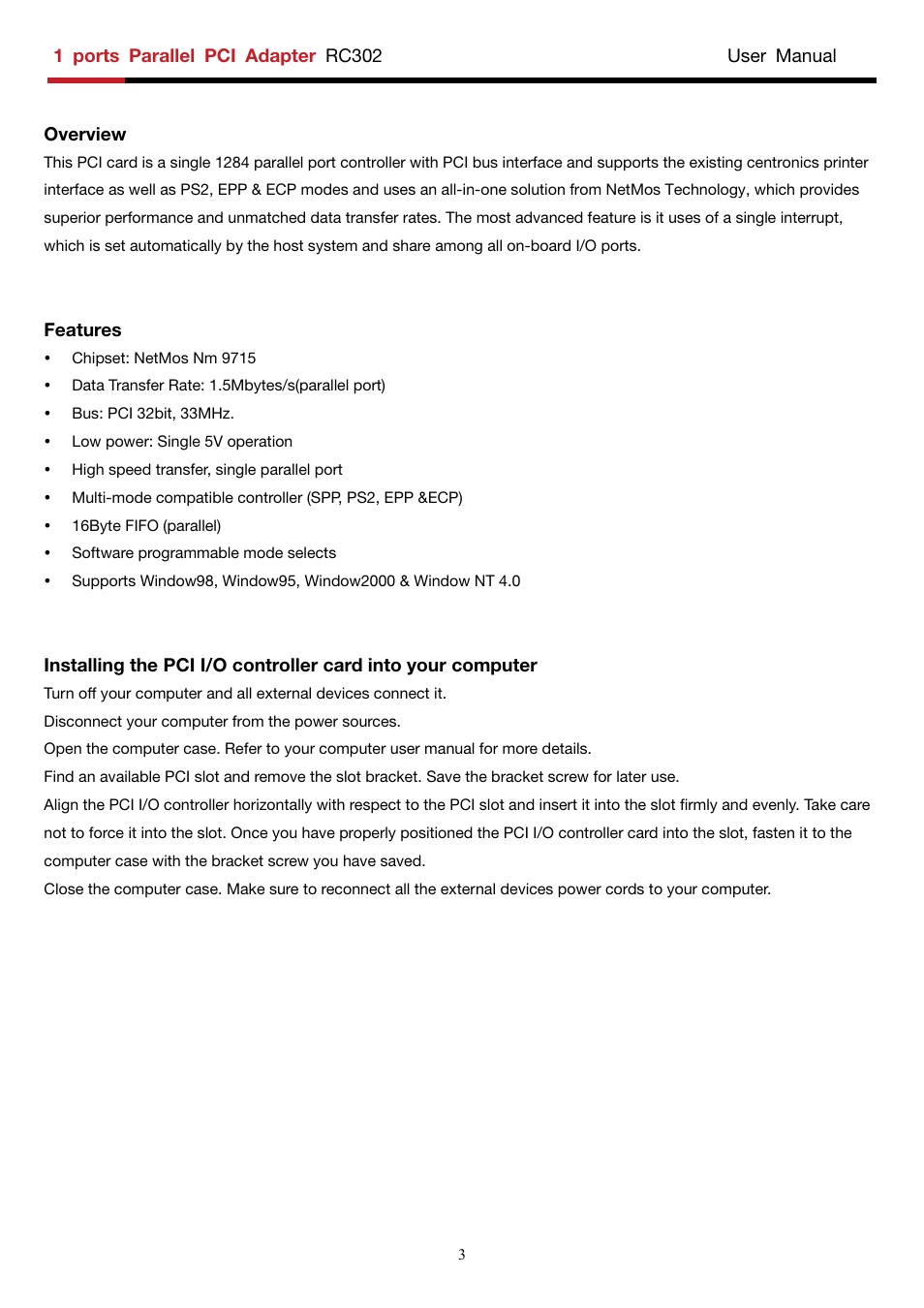 Features | Rosewill RC-302 User Manual | Page 2 / 5