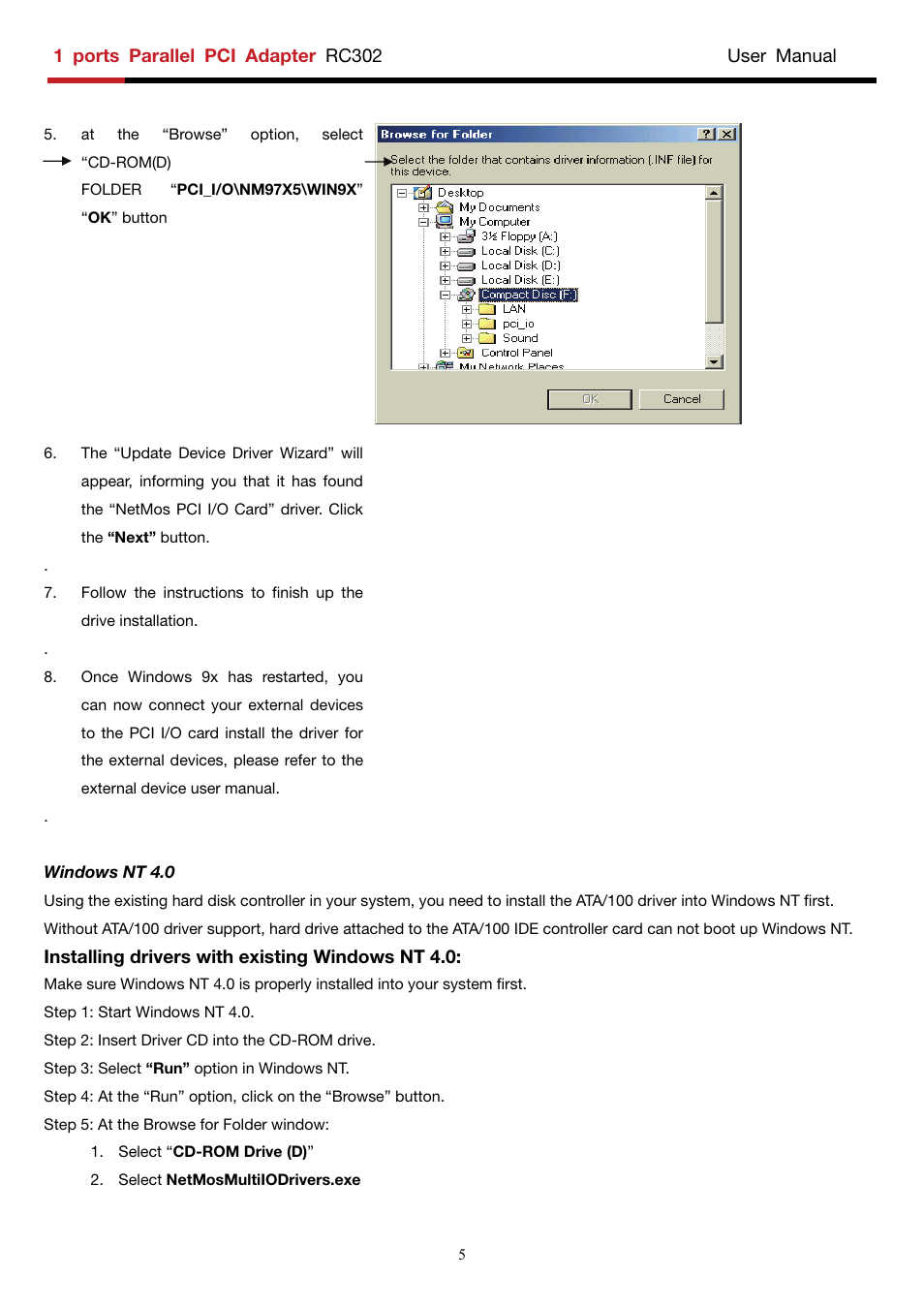 Windows nt 4.0, Installing drivers with existing windows nt 4.0 | Rosewill RC-302 User Manual | Page 4 / 5