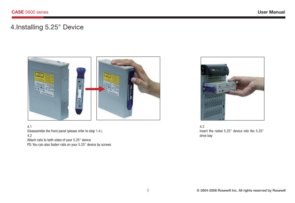 Installing 5.25" device | Rosewill 5600 User Manual | Page 10 / 20