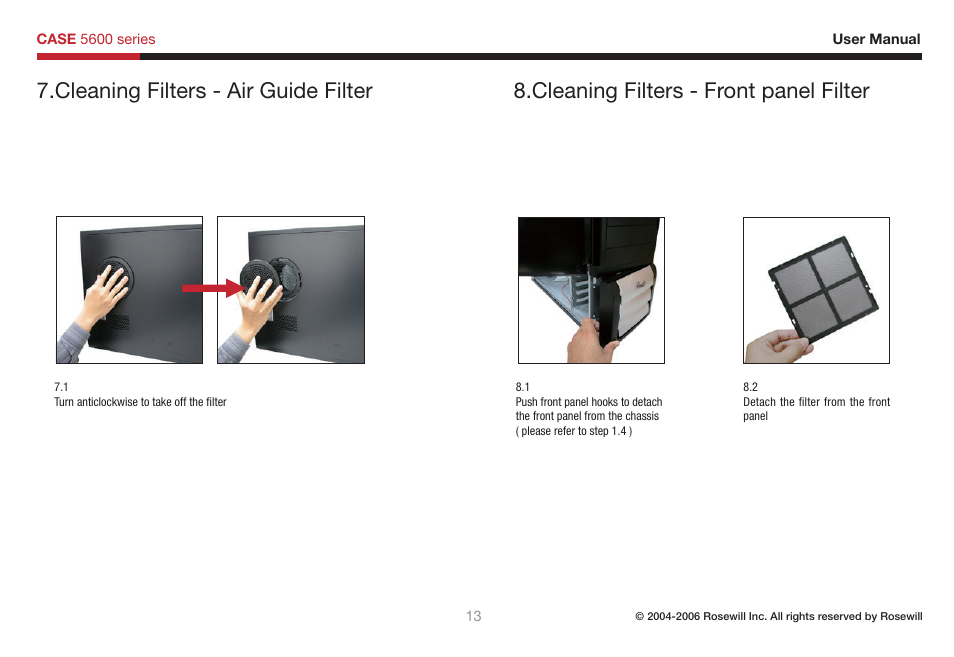 Cleaning filters - air guide filter, Cleaning filters - front panel filter | Rosewill 5600 User Manual | Page 14 / 20