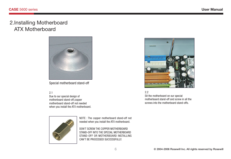 Installing motherboard atx motherboard | Rosewill 5600 User Manual | Page 7 / 20