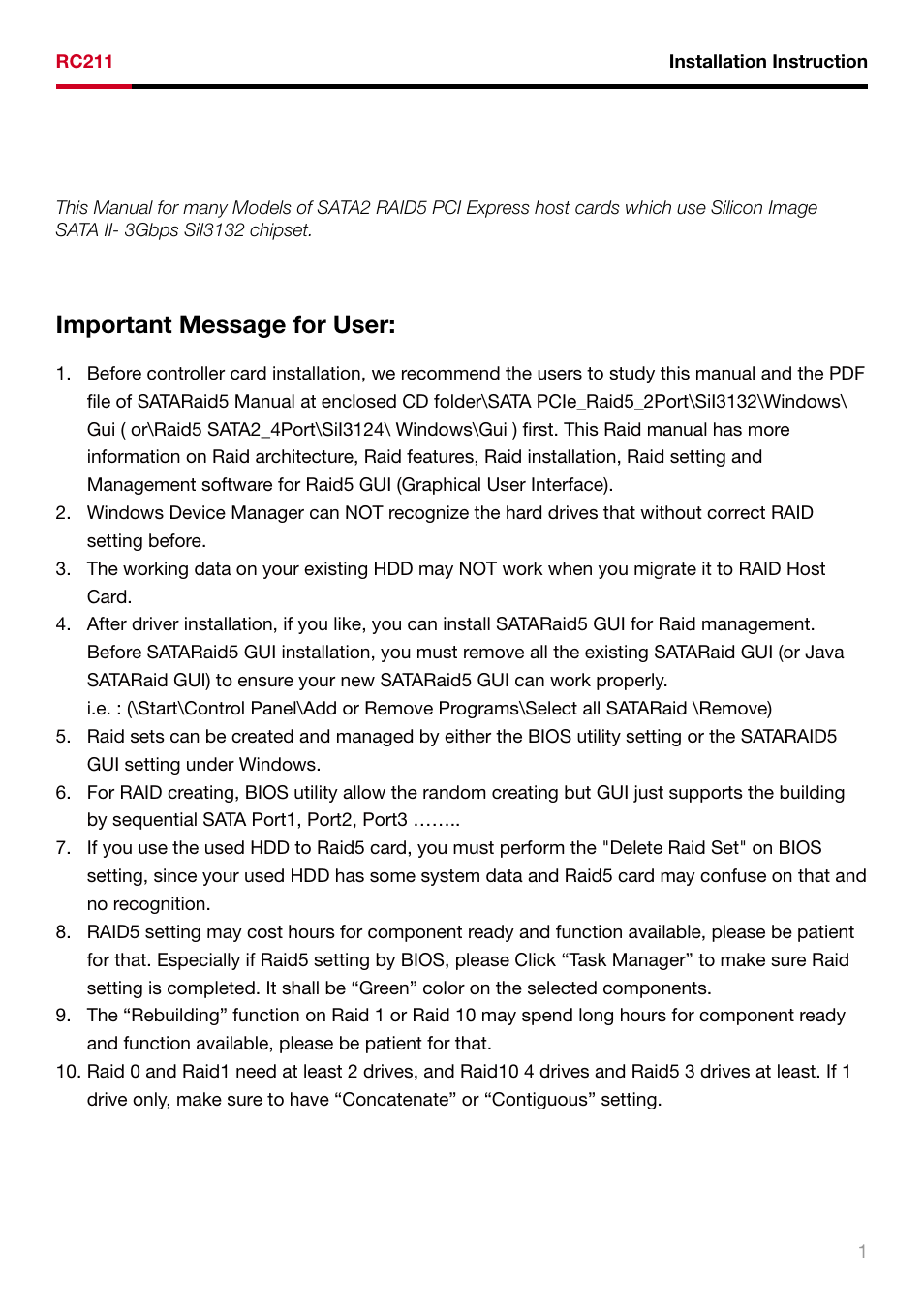 Rosewill RAID5 SATA II - 3GBPS HOST ADAPTER RC211 User Manual | Page 2 / 10