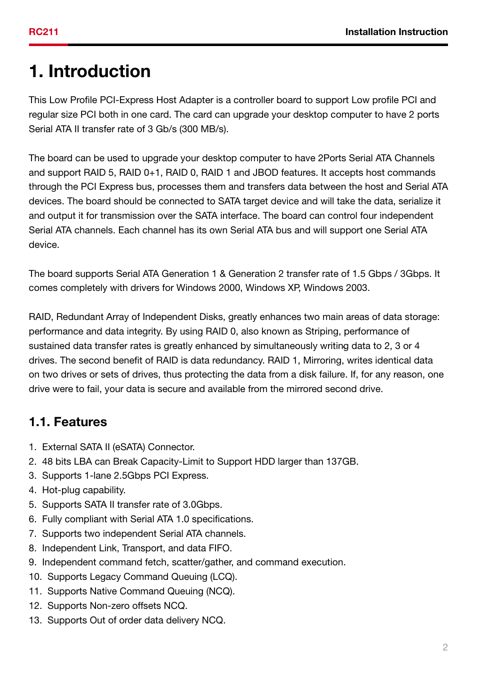 Introduction, Features | Rosewill RAID5 SATA II - 3GBPS HOST ADAPTER RC211 User Manual | Page 3 / 10