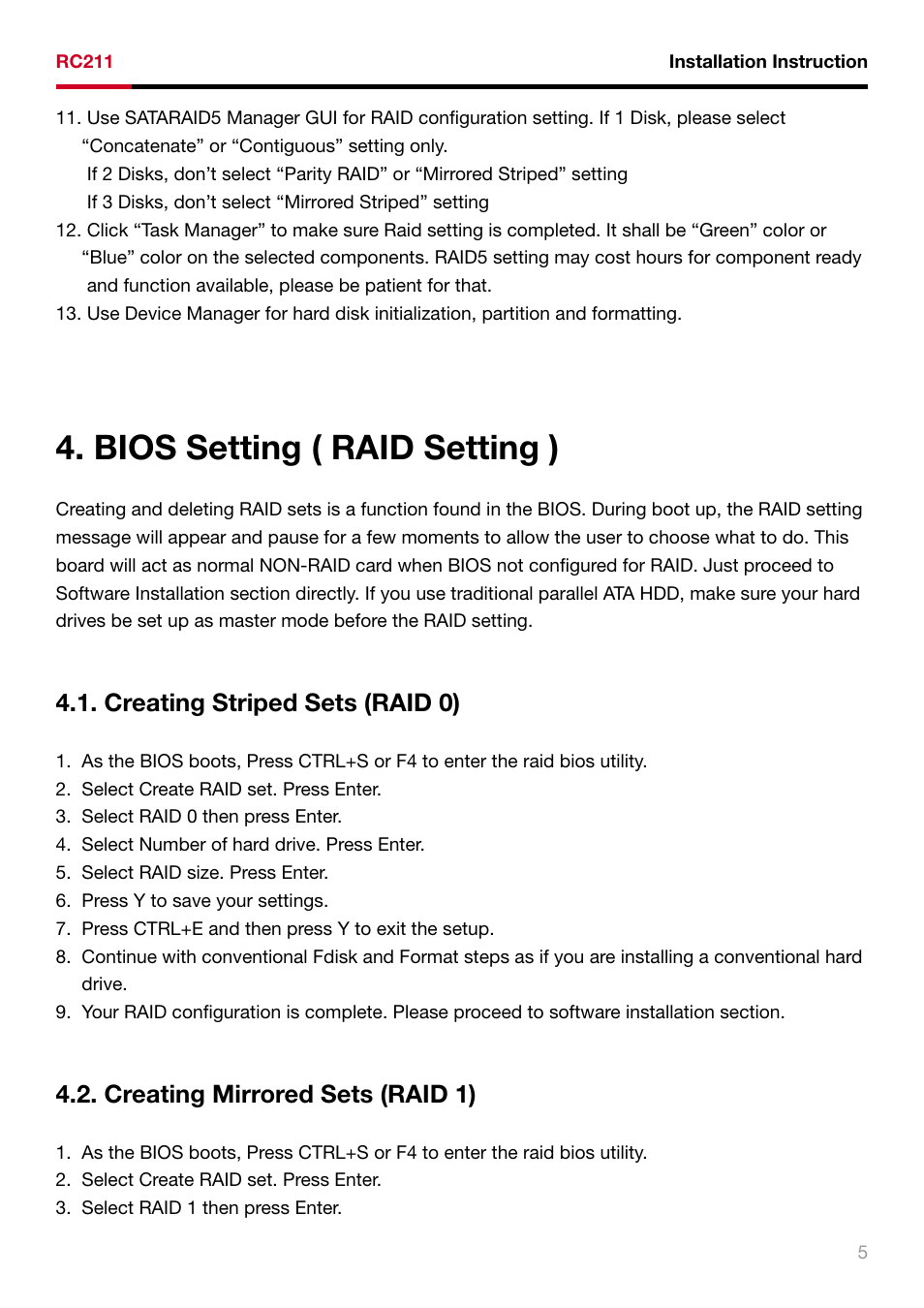 Bios setting ( raid setting ) | Rosewill RAID5 SATA II - 3GBPS HOST ADAPTER RC211 User Manual | Page 6 / 10