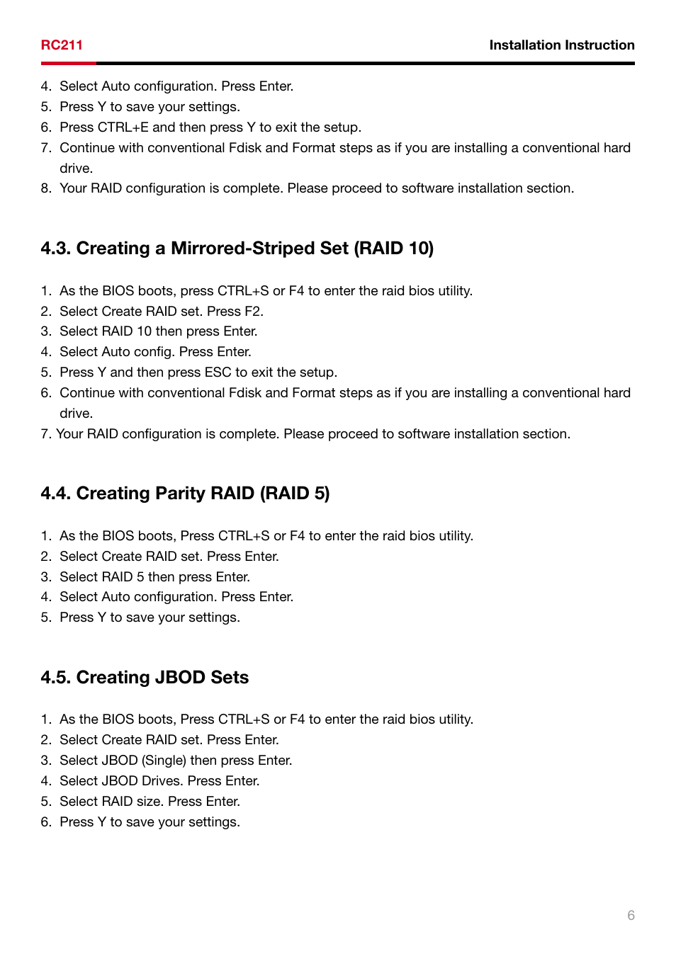 Creating a mirrored-striped set (raid 10), Creating parity raid (raid 5), Creating jbod sets | Rosewill RAID5 SATA II - 3GBPS HOST ADAPTER RC211 User Manual | Page 7 / 10