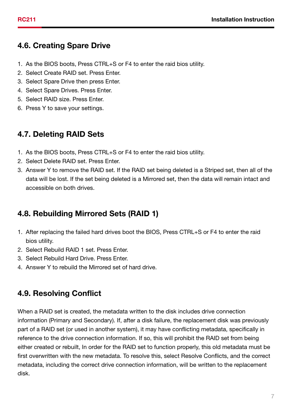 Creating spare drive, Deleting raid sets, Rebuilding mirrored sets (raid 1) | Resolving conflict | Rosewill RAID5 SATA II - 3GBPS HOST ADAPTER RC211 User Manual | Page 8 / 10
