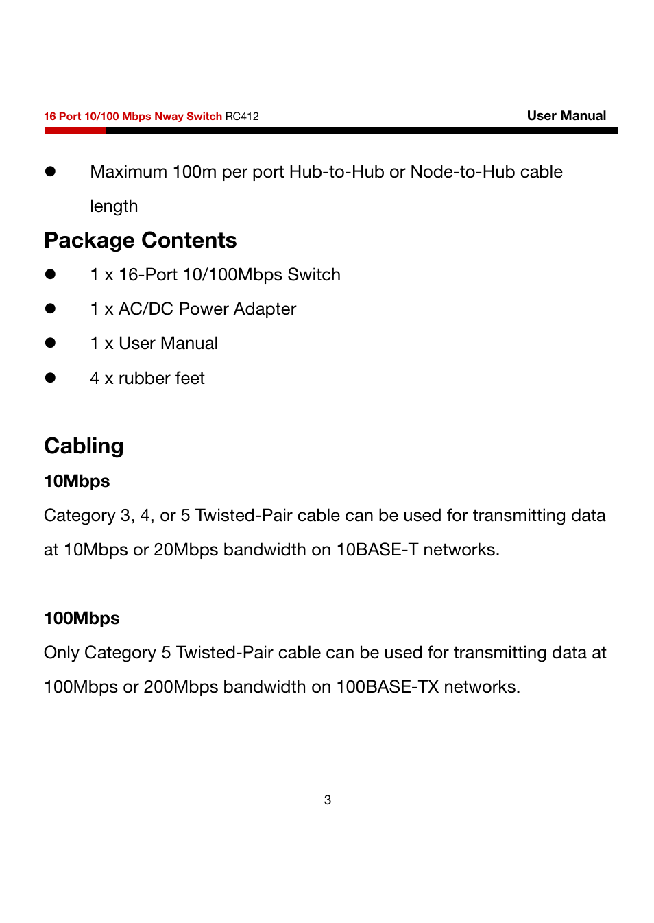 Package contents, Cabling | Rosewill RC412 User Manual | Page 3 / 6
