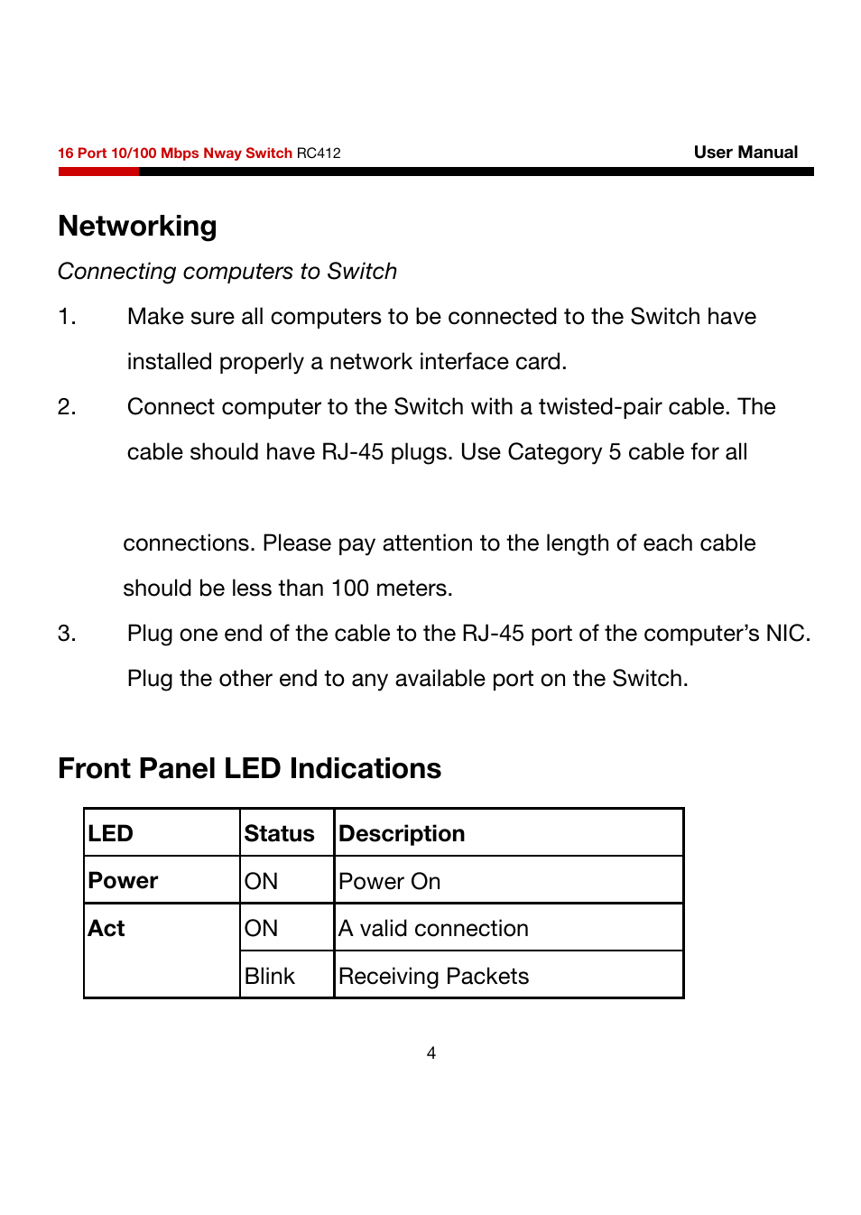 Networking, Front panel led indications | Rosewill RC412 User Manual | Page 4 / 6