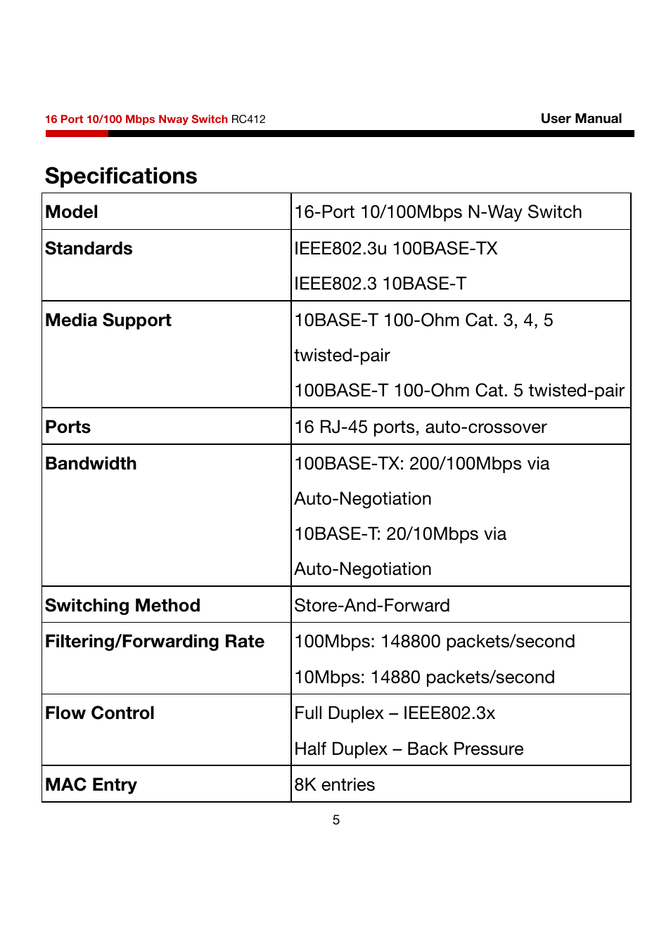 Specifications | Rosewill RC412 User Manual | Page 5 / 6