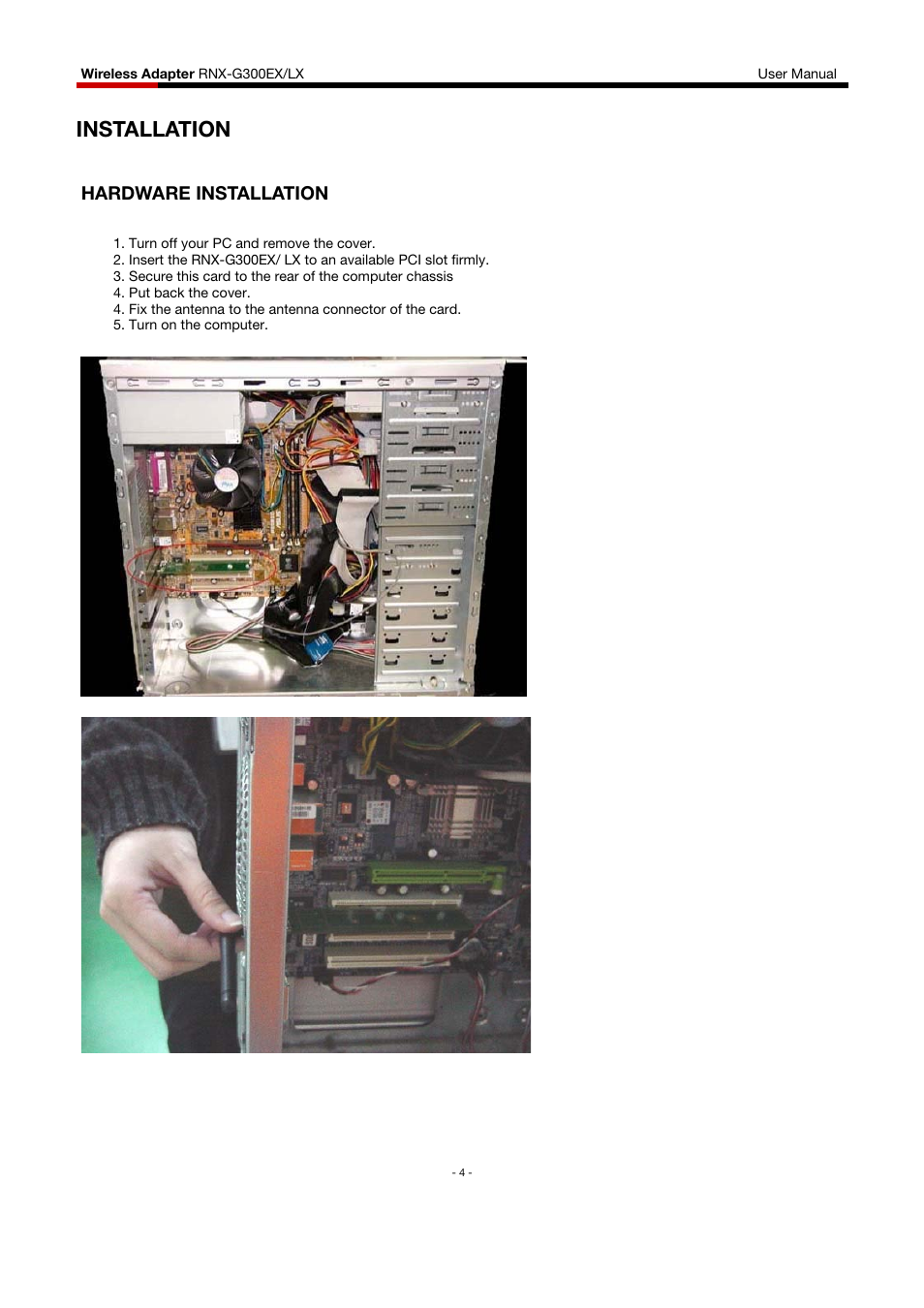 Installation, Hardware installation | Rosewill RNX-G300EXLX User Manual | Page 5 / 111