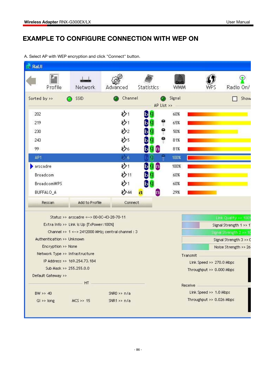 Example to configure connection with wep on | Rosewill RNX-G300EXLX User Manual | Page 87 / 111