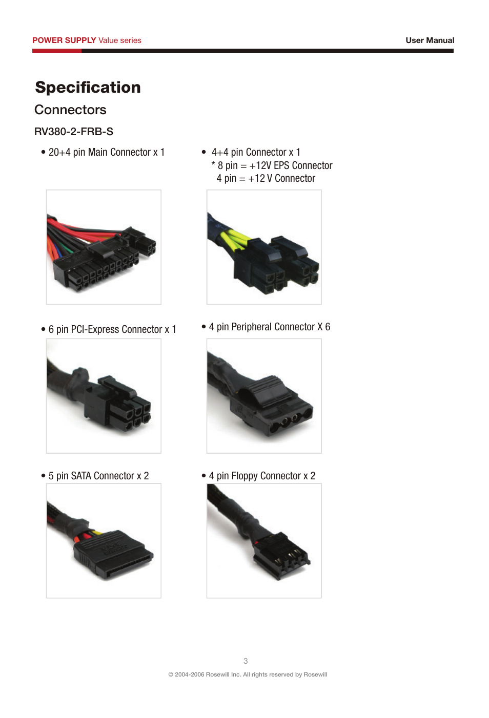 Speciﬁ cation, Connectors | Rosewill RV380-2-FRB-S User Manual | Page 4 / 14