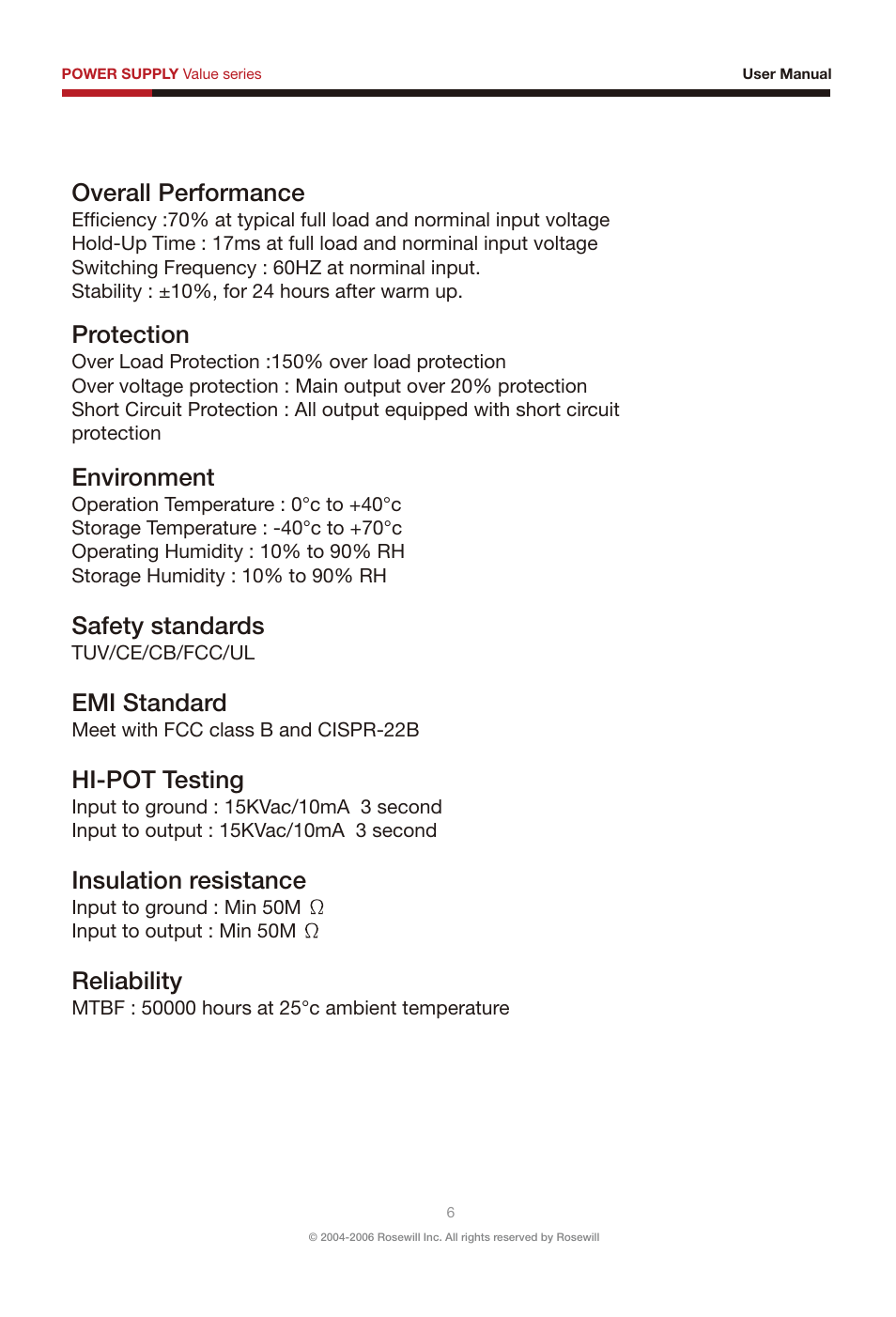 Overall performance, Protection, Environment | Safety standards, Emi standard, Hi-pot testing, Insulation resistance, Reliability | Rosewill RV380-2-FRB-S User Manual | Page 7 / 14