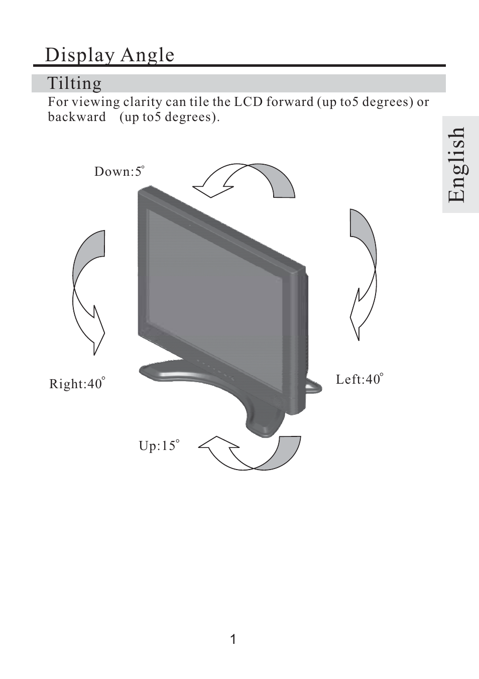 English, Display angle, Tilting | Rosewill TFT-LCD Color Monitor R800N User Manual | Page 11 / 14