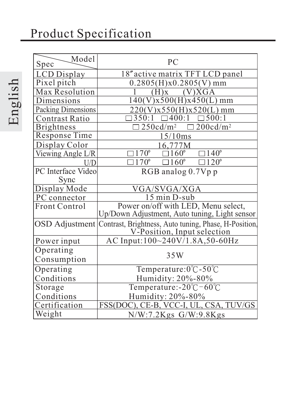 English, Product specification | Rosewill TFT-LCD Color Monitor R800N User Manual | Page 12 / 14