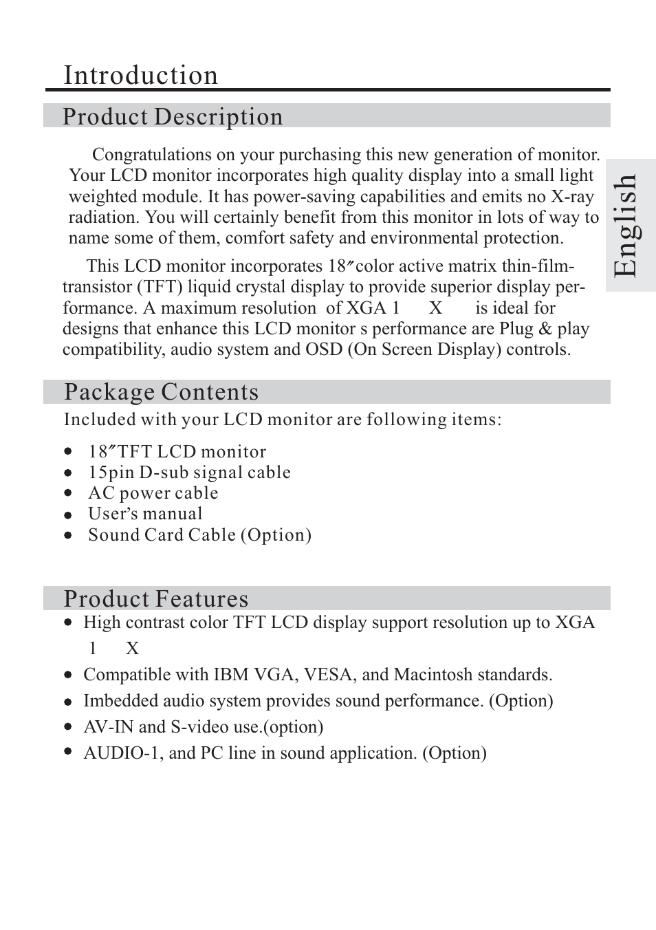 English, Introduction, Product description | Package contents, Product features | Rosewill TFT-LCD Color Monitor R800N User Manual | Page 3 / 14