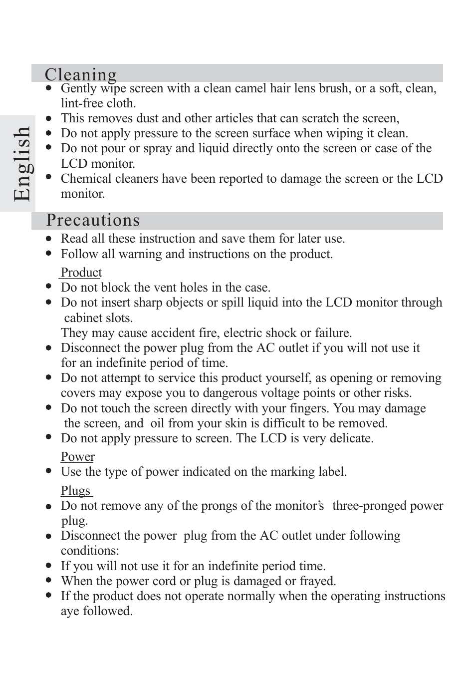 English, Cleaning, Precautions | Rosewill TFT-LCD Color Monitor R800N User Manual | Page 4 / 14