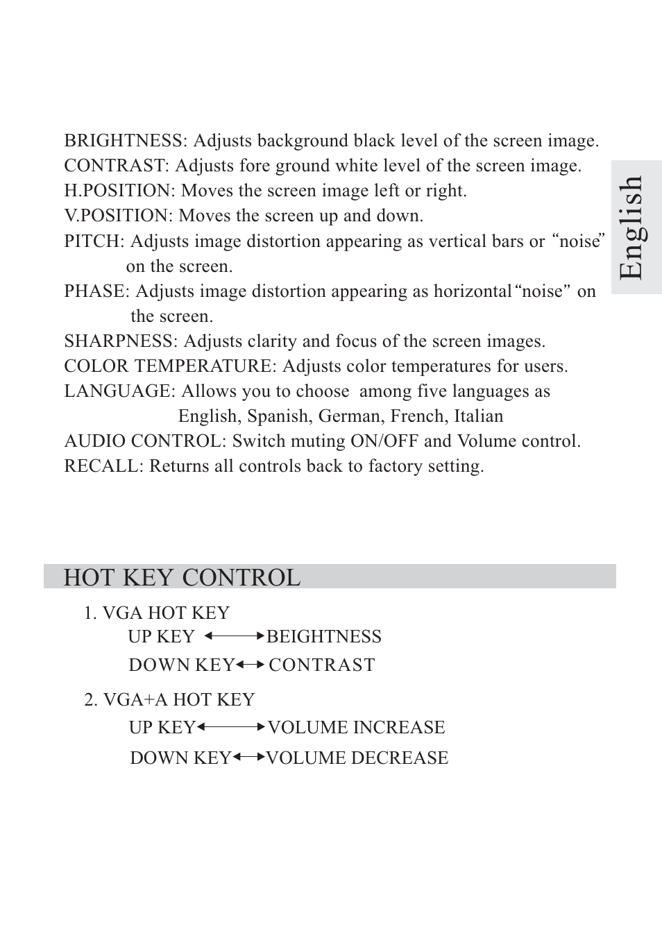 English, Hot key control | Rosewill TFT-LCD Color Monitor R800N User Manual | Page 9 / 14