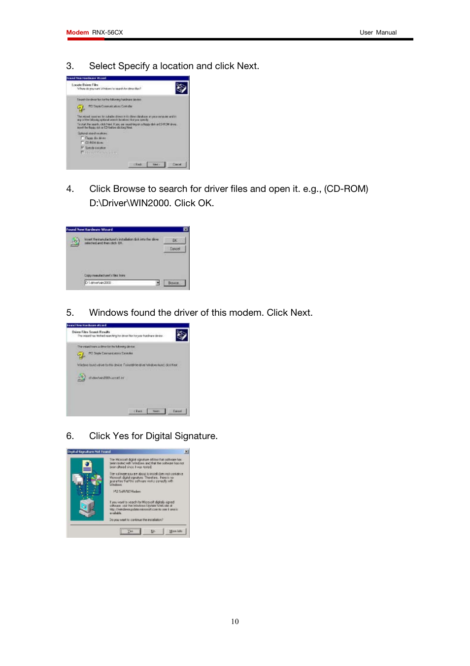 Select specify a location and click next, Windows found the driver of this modem. click next, Click yes for digital signature | Rosewill RNX-56CX User Manual | Page 10 / 24