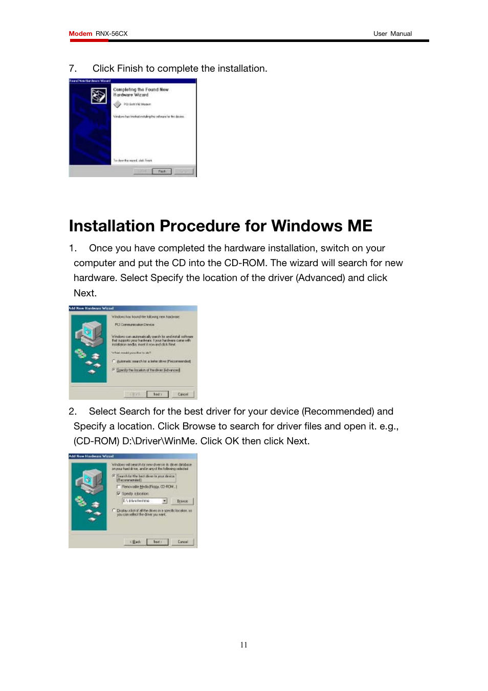 Installation procedure for windows me | Rosewill RNX-56CX User Manual | Page 11 / 24