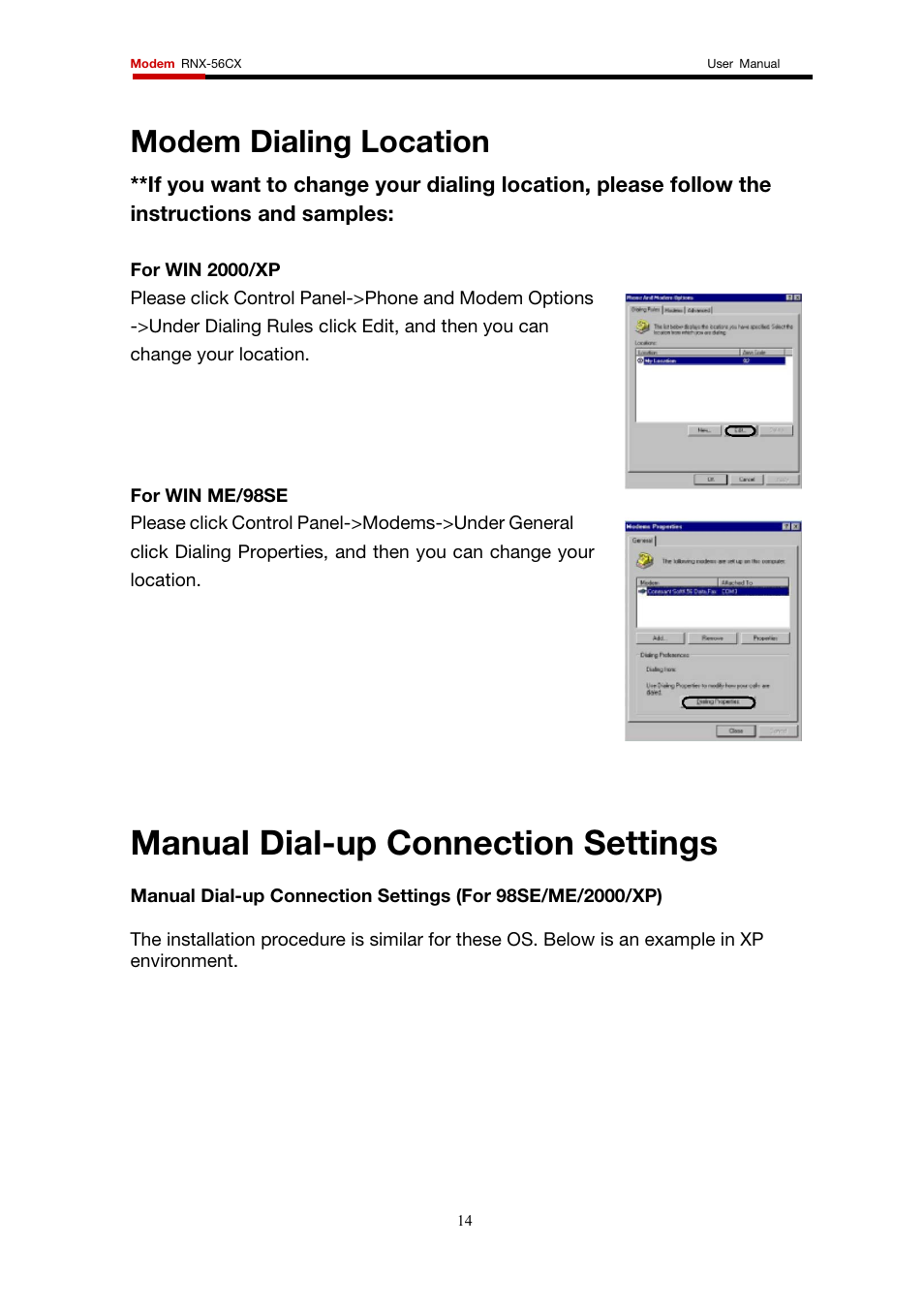 Manual dial-up connection settings, Modem dialing location | Rosewill RNX-56CX User Manual | Page 14 / 24