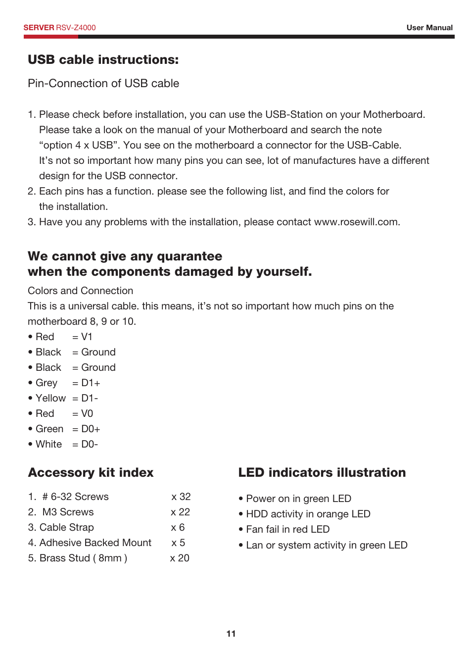 Accessory kit index, Led indicators illustration | Rosewill RSV-Z4000 User Manual | Page 12 / 13
