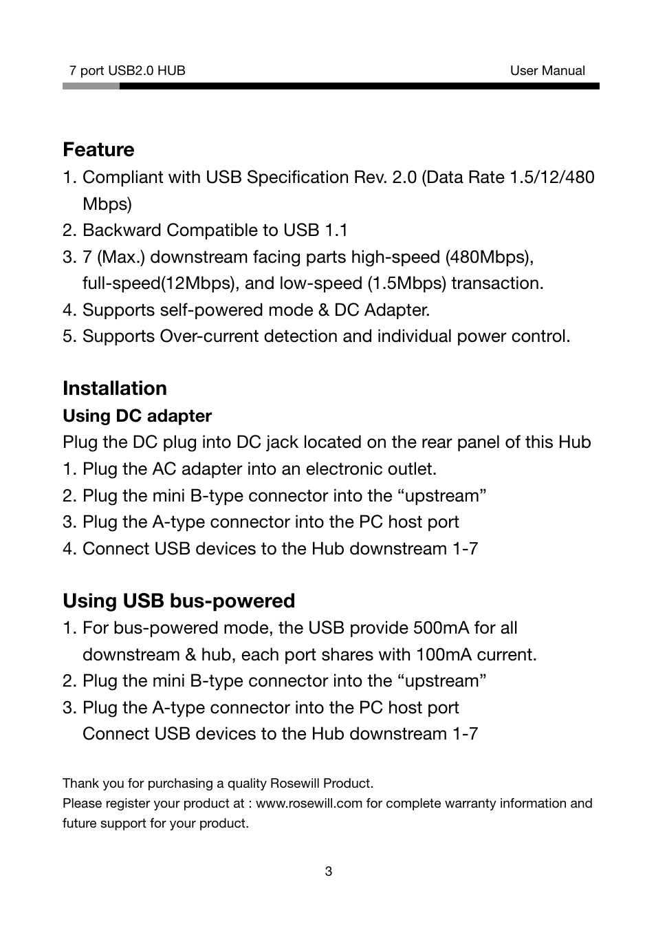 Using usb bus-powered, Feature, Installation | Rosewill RHUB-310B User Manual | Page 3 / 3